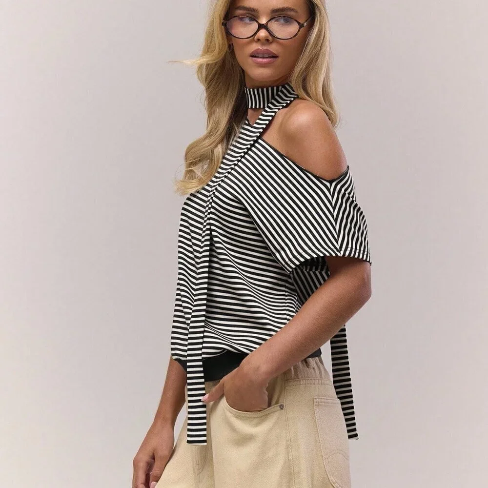 Casual Women's Asymmetrical Neck Slouch Stripe Scarf Detail blouse